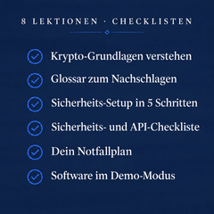 8 Lektionen mit Checklisten: Grundlagen, Glossar, Sicherheits-Setup, Checklisten, Notfallplan, Software im Demo-Modus